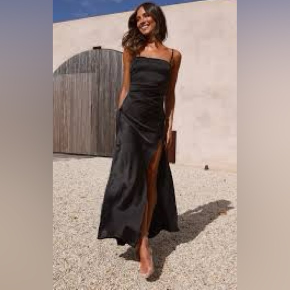 Billy J Julia Black Satin Maxi Dress Spaghetti Side Slit Ruched  Excellent 12 - Picture 7 of 12